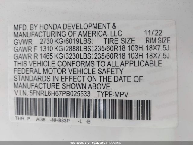 Photo 8 VIN: 5FNRL6H67PB025533 - HONDA ODYSSEY 