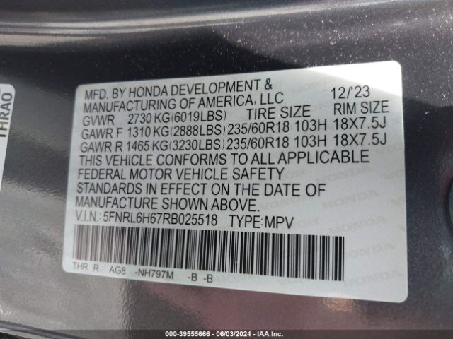 Photo 8 VIN: 5FNRL6H67RB025518 - HONDA ODYSSEY 