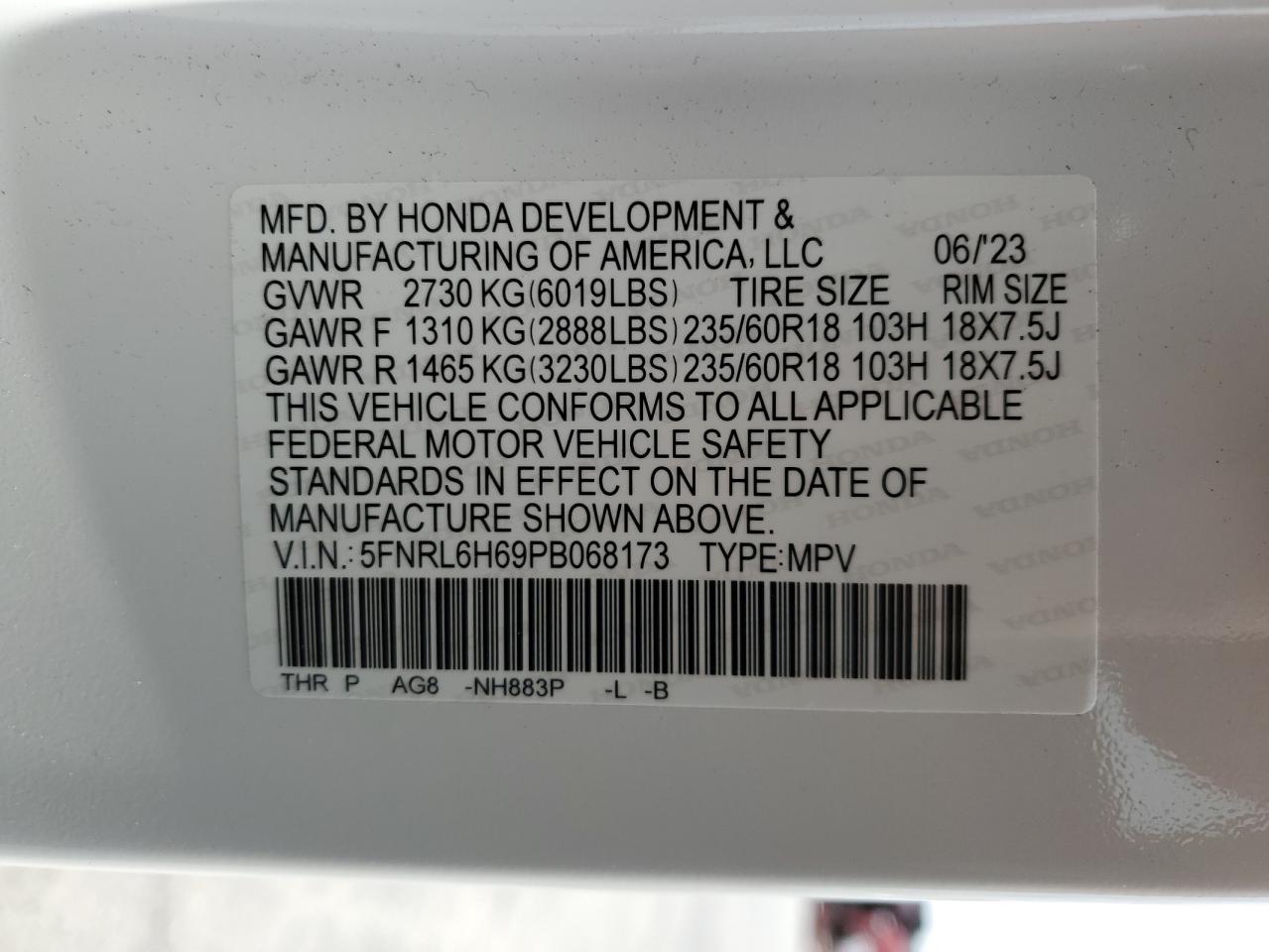 Photo 11 VIN: 5FNRL6H69PB068173 - HONDA ODYSSEY 