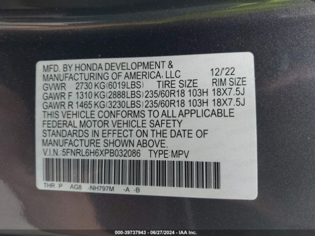 Photo 8 VIN: 5FNRL6H6XPB032086 - HONDA ODYSSEY 