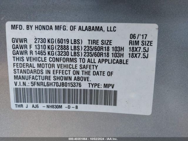 Photo 8 VIN: 5FNRL6H70JB015376 - HONDA ODYSSEY 