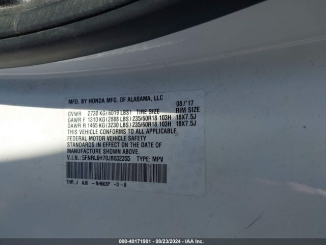 Photo 8 VIN: 5FNRL6H70JB032355 - HONDA ODYSSEY 