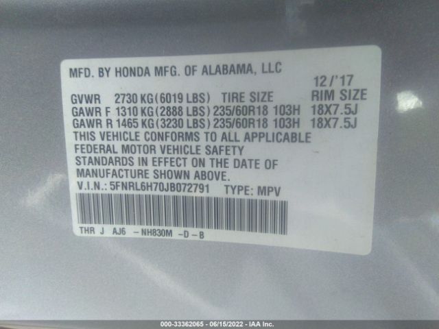 Photo 8 VIN: 5FNRL6H70JB072791 - HONDA ODYSSEY 