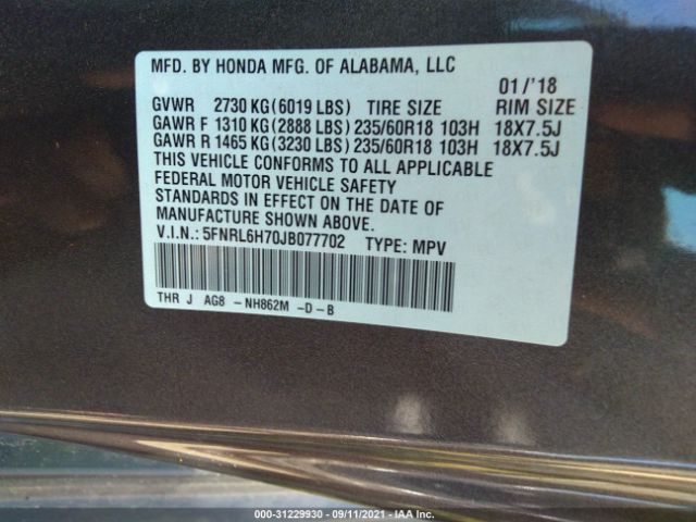 Photo 8 VIN: 5FNRL6H70JB077702 - HONDA ODYSSEY 