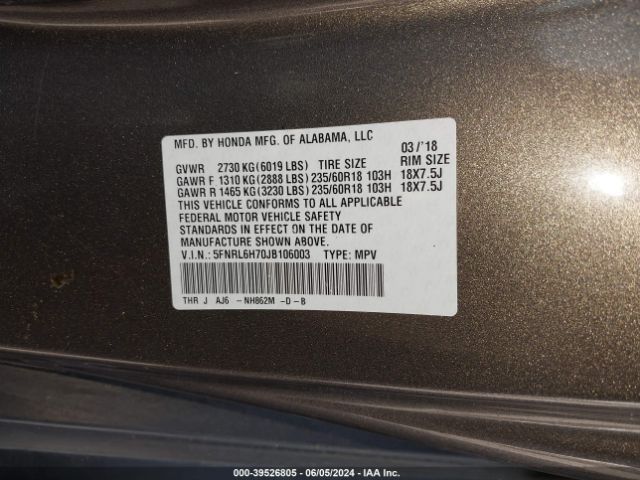 Photo 8 VIN: 5FNRL6H70JB106003 - HONDA ODYSSEY 