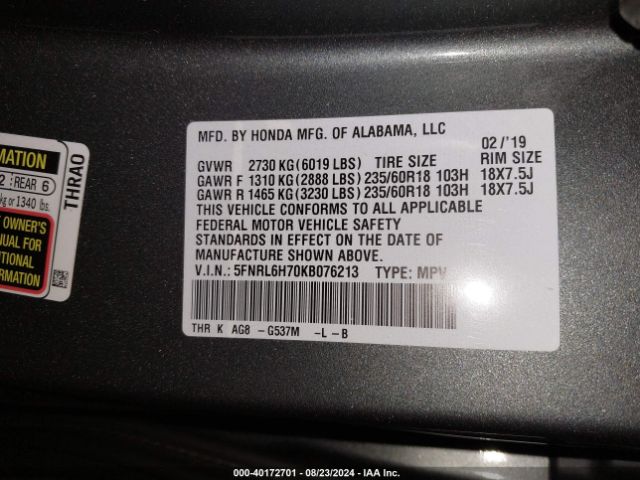 Photo 8 VIN: 5FNRL6H70KB076213 - HONDA ODYSSEY 