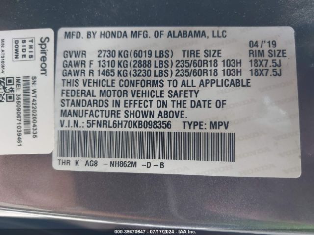 Photo 8 VIN: 5FNRL6H70KB098356 - HONDA ODYSSEY 