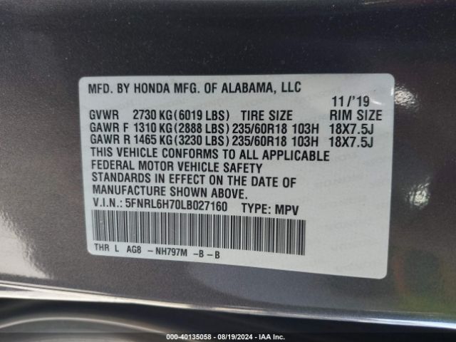 Photo 8 VIN: 5FNRL6H70LB027160 - HONDA ODYSSEY 