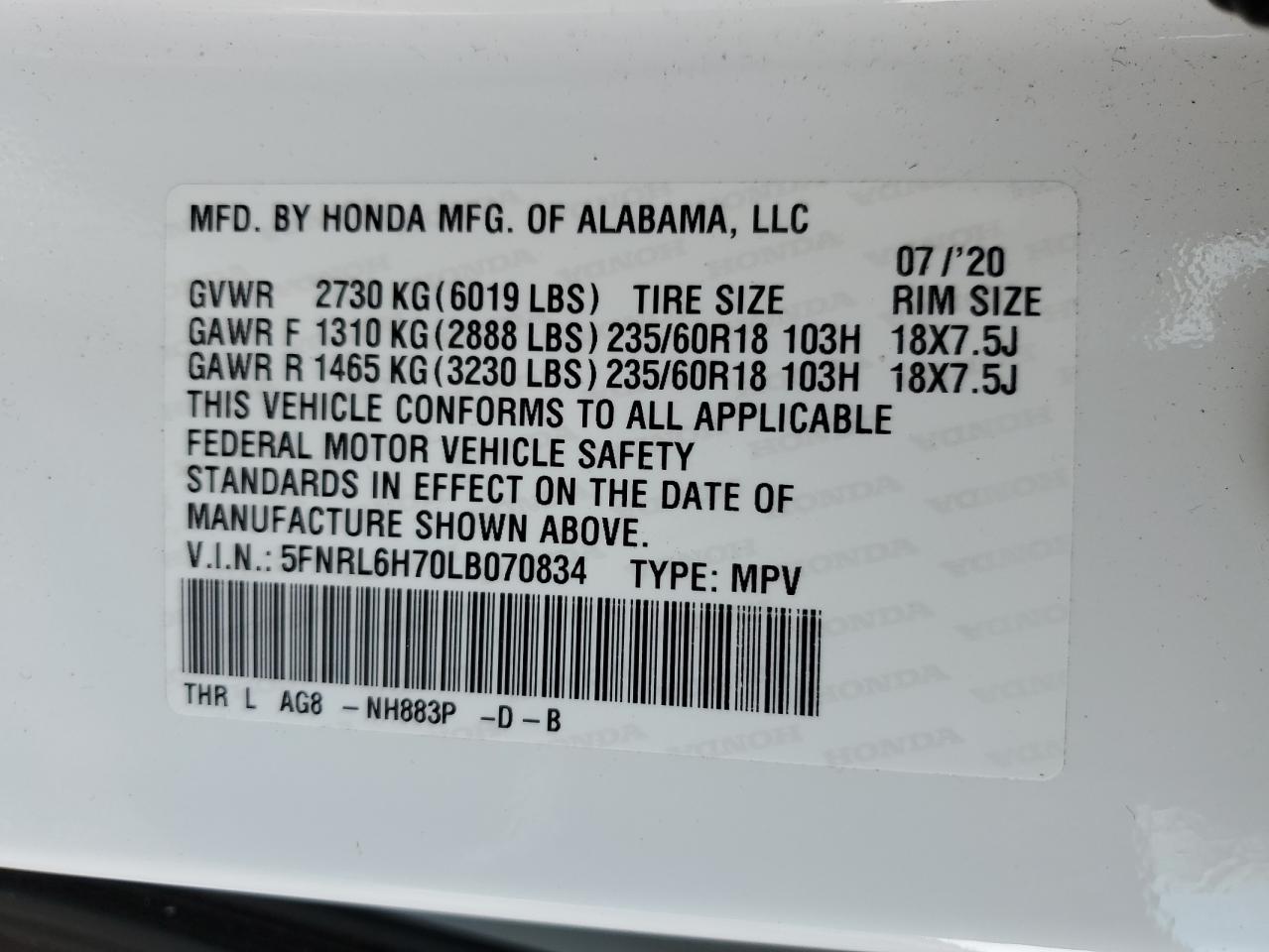 Photo 12 VIN: 5FNRL6H70LB070834 - HONDA ODYSSEY 