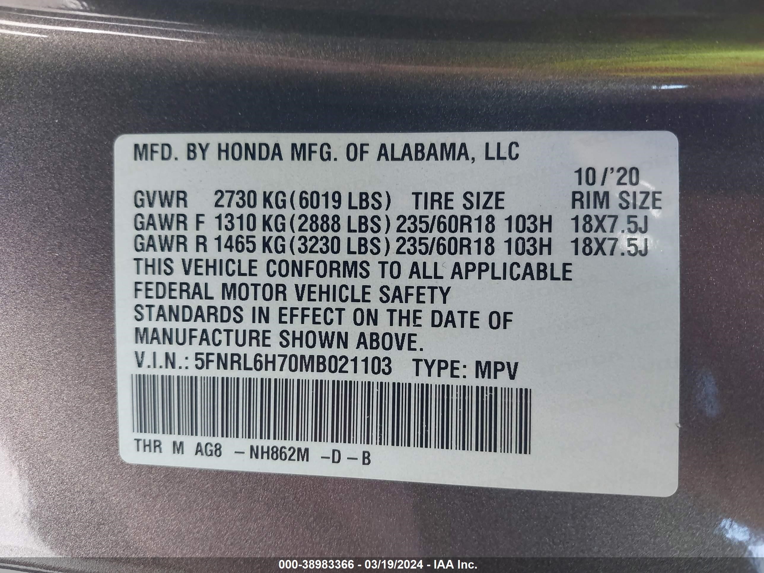 Photo 8 VIN: 5FNRL6H70MB021103 - HONDA ODYSSEY 