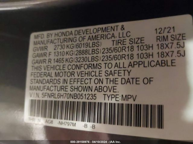 Photo 8 VIN: 5FNRL6H70NB051235 - HONDA ODYSSEY 