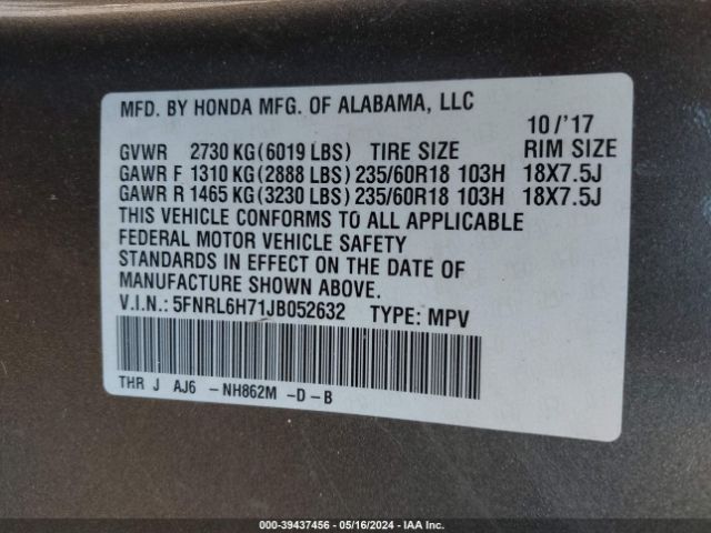 Photo 8 VIN: 5FNRL6H71JB052632 - HONDA ODYSSEY 