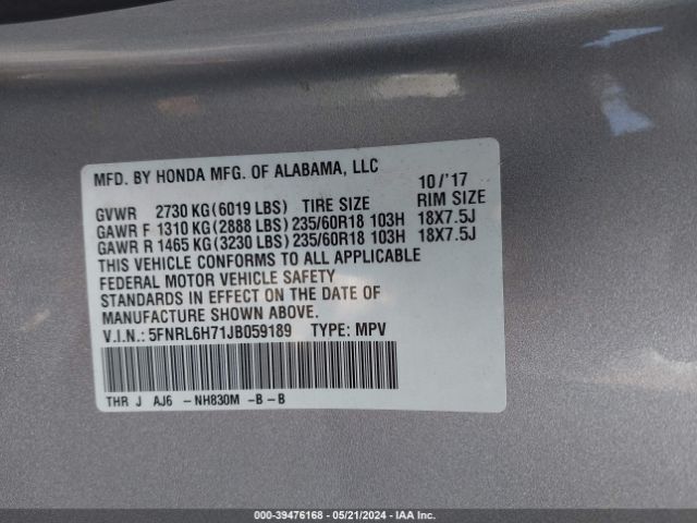 Photo 8 VIN: 5FNRL6H71JB059189 - HONDA ODYSSEY 