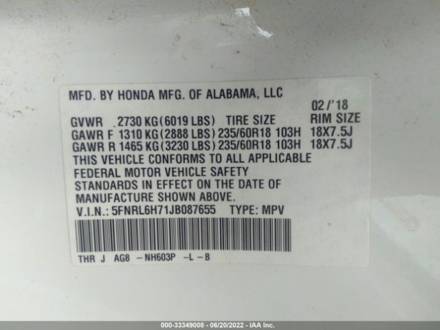 Photo 8 VIN: 5FNRL6H71JB087655 - HONDA ODYSSEY 