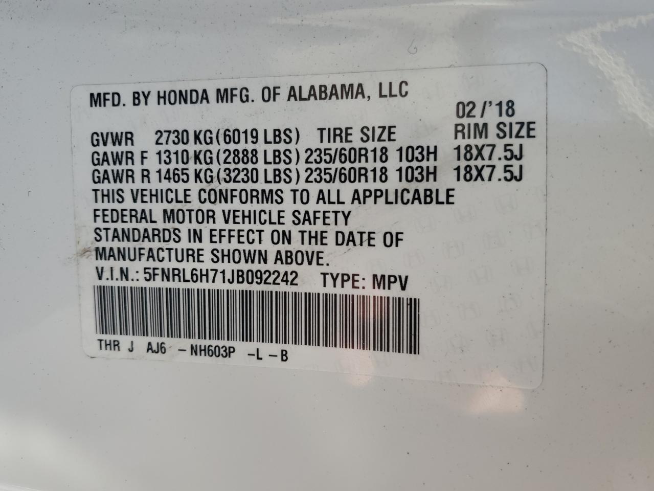 Photo 12 VIN: 5FNRL6H71JB092242 - HONDA ODYSSEY EX 