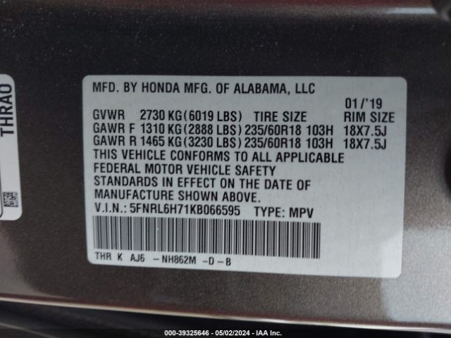 Photo 8 VIN: 5FNRL6H71KB066595 - HONDA ODYSSEY 