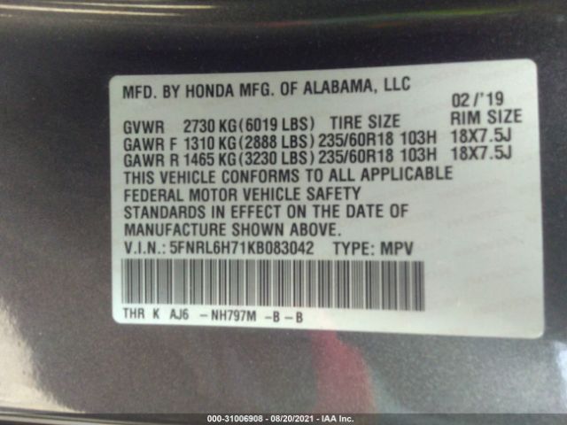 Photo 8 VIN: 5FNRL6H71KB083042 - HONDA ODYSSEY 