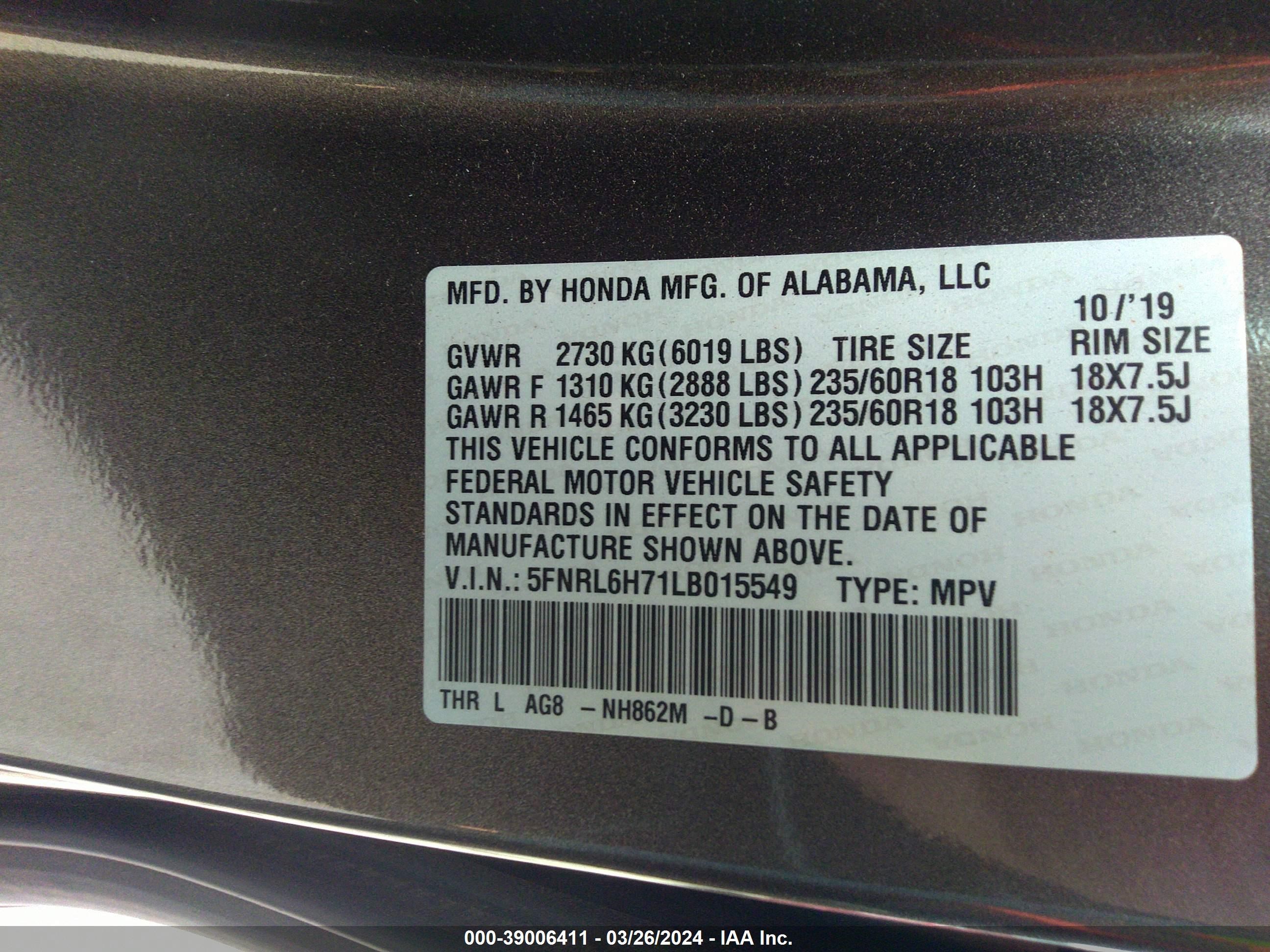 Photo 8 VIN: 5FNRL6H71LB015549 - HONDA ODYSSEY 