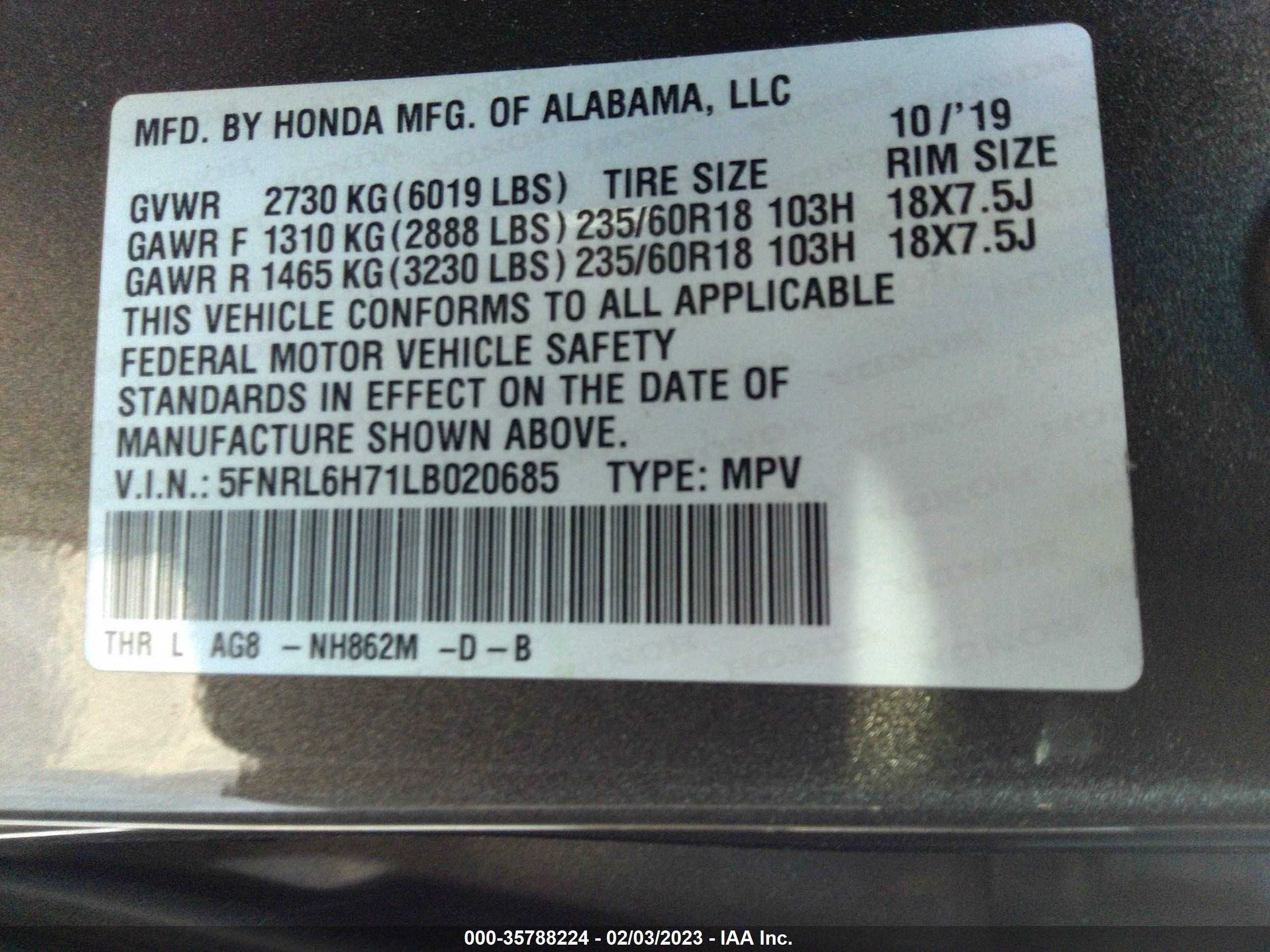 Photo 8 VIN: 5FNRL6H71LB020685 - HONDA ODYSSEY 