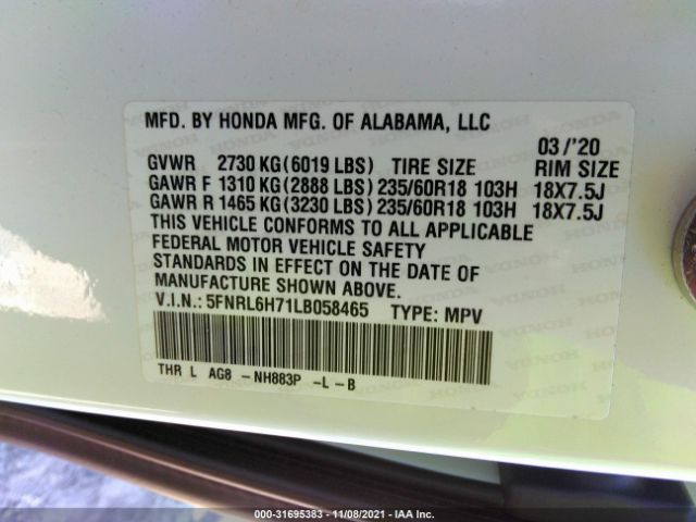 Photo 8 VIN: 5FNRL6H71LB058465 - HONDA ODYSSEY 