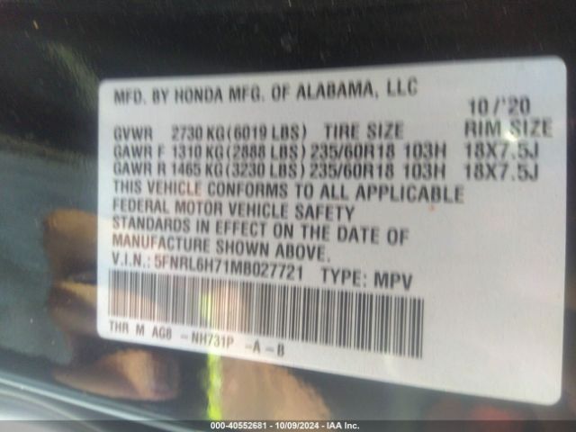 Photo 8 VIN: 5FNRL6H71MB027721 - HONDA ODYSSEY 