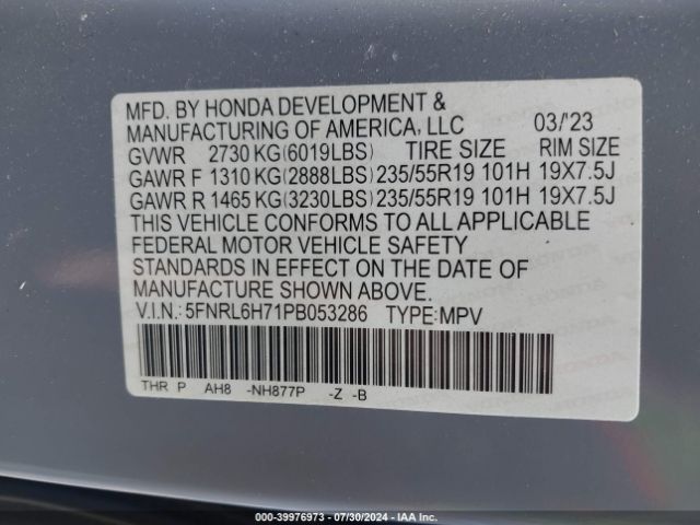 Photo 8 VIN: 5FNRL6H71PB053286 - HONDA ODYSSEY 