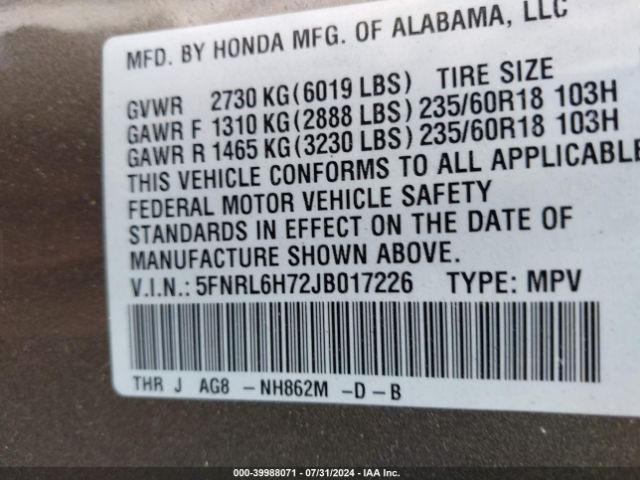 Photo 8 VIN: 5FNRL6H72JB017226 - HONDA ODYSSEY 