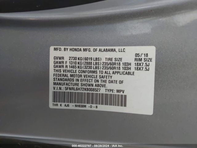 Photo 8 VIN: 5FNRL6H72KB008527 - HONDA ODYSSEY 