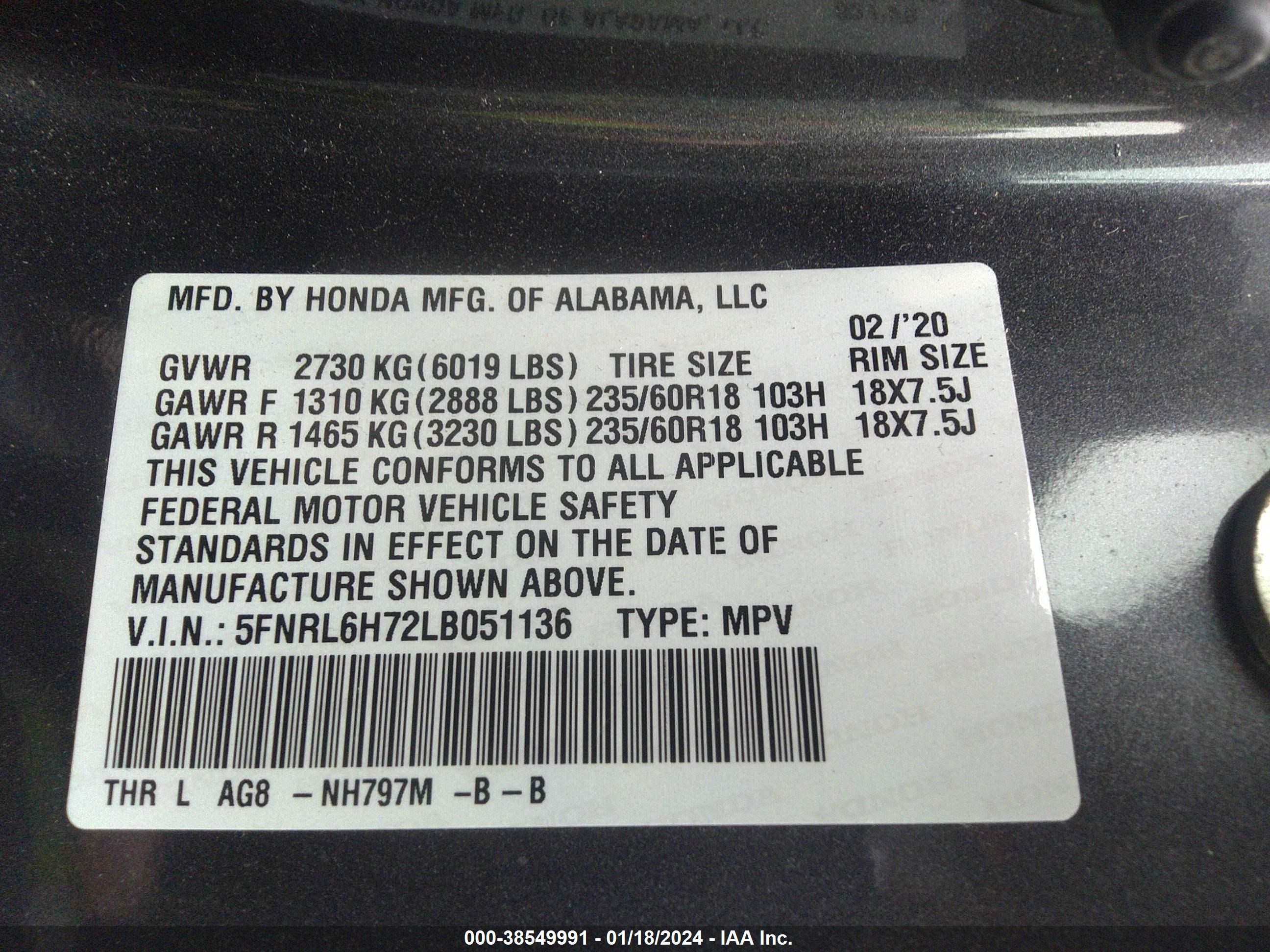 Photo 8 VIN: 5FNRL6H72LB051136 - HONDA ODYSSEY 