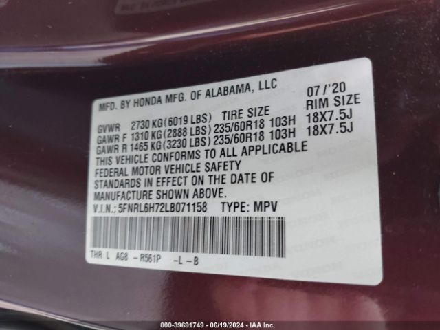 Photo 8 VIN: 5FNRL6H72LB071158 - HONDA ODYSSEY 