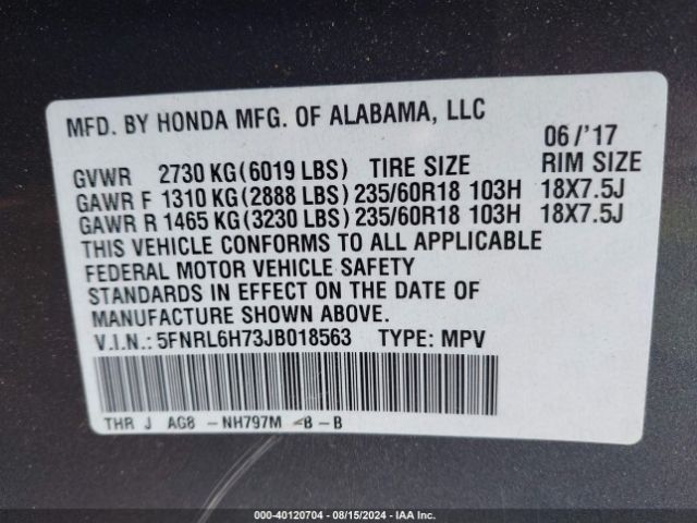 Photo 8 VIN: 5FNRL6H73JB018563 - HONDA ODYSSEY 