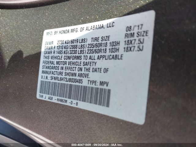 Photo 8 VIN: 5FNRL6H73JB030485 - HONDA ODYSSEY 