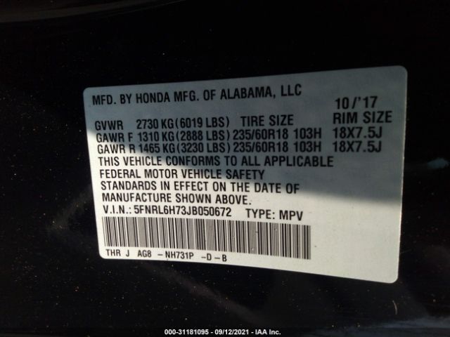 Photo 8 VIN: 5FNRL6H73JB050672 - HONDA ODYSSEY 