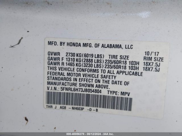 Photo 8 VIN: 5FNRL6H73JB054804 - HONDA ODYSSEY EX 