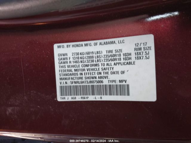 Photo 8 VIN: 5FNRL6H73JB075006 - HONDA ODYSSEY 