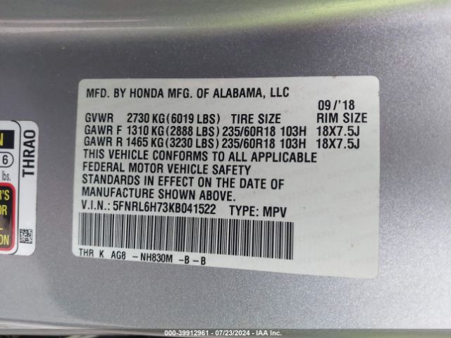 Photo 8 VIN: 5FNRL6H73KB041522 - HONDA ODYSSEY 