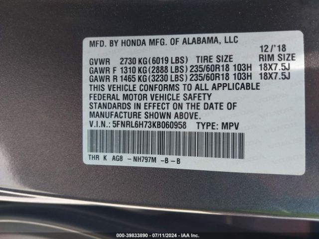 Photo 8 VIN: 5FNRL6H73KB060958 - HONDA ODYSSEY 