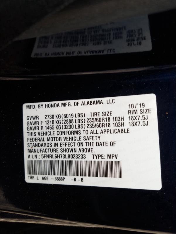 Photo 9 VIN: 5FNRL6H73LB023233 - HONDA ODYSSEY EX 