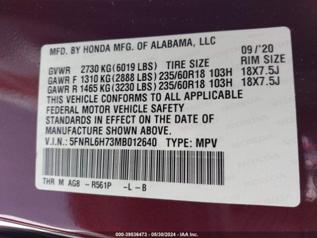 Photo 8 VIN: 5FNRL6H73MB012640 - HONDA ODYSSEY 