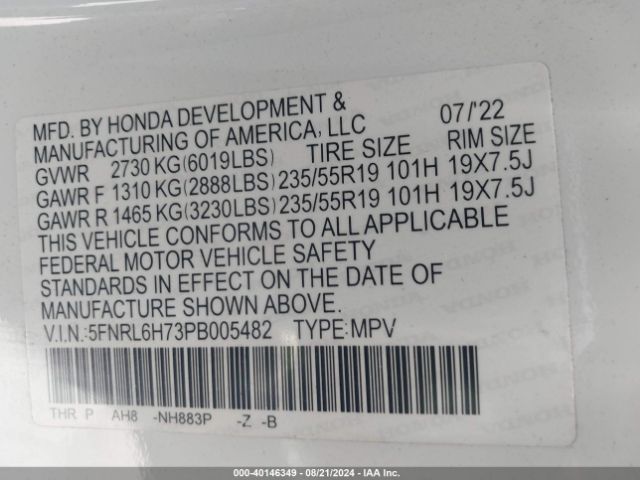 Photo 8 VIN: 5FNRL6H73PB005482 - HONDA ODYSSEY 