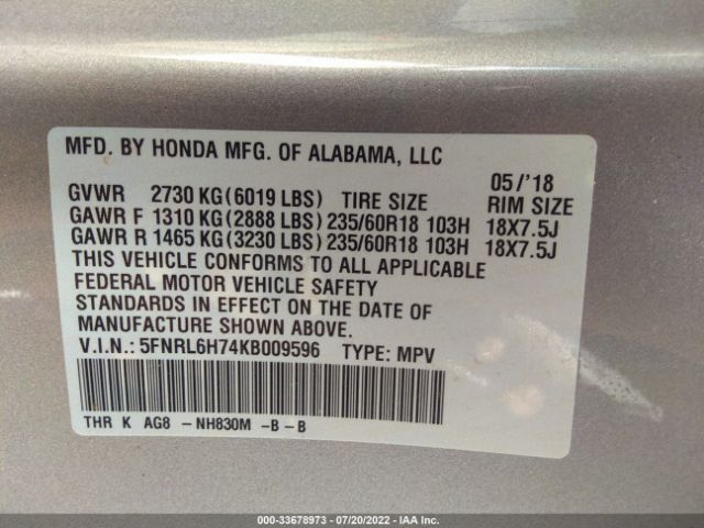 Photo 8 VIN: 5FNRL6H74KB009596 - HONDA ODYSSEY 