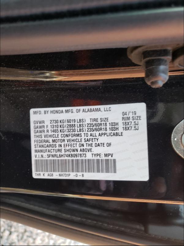 Photo 9 VIN: 5FNRL6H74KB097873 - HONDA ODYSSEY EX 