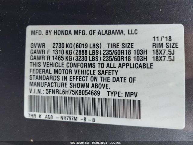 Photo 8 VIN: 5FNRL6H75KB054689 - HONDA ODYSSEY 