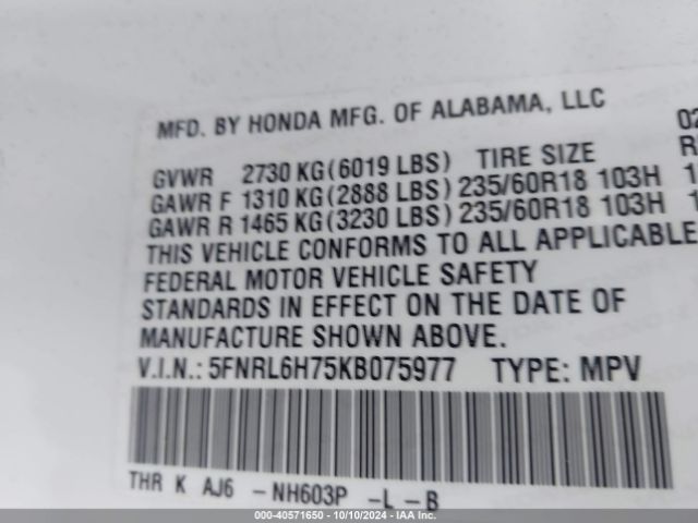 Photo 8 VIN: 5FNRL6H75KB075977 - HONDA ODYSSEY 