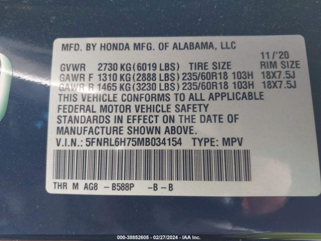 Photo 8 VIN: 5FNRL6H75MB034154 - HONDA ODYSSEY 