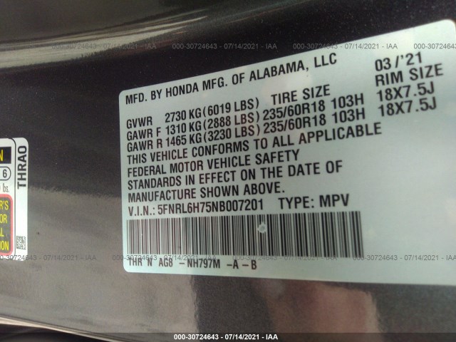 Photo 8 VIN: 5FNRL6H75NB007201 - HONDA ODYSSEY 