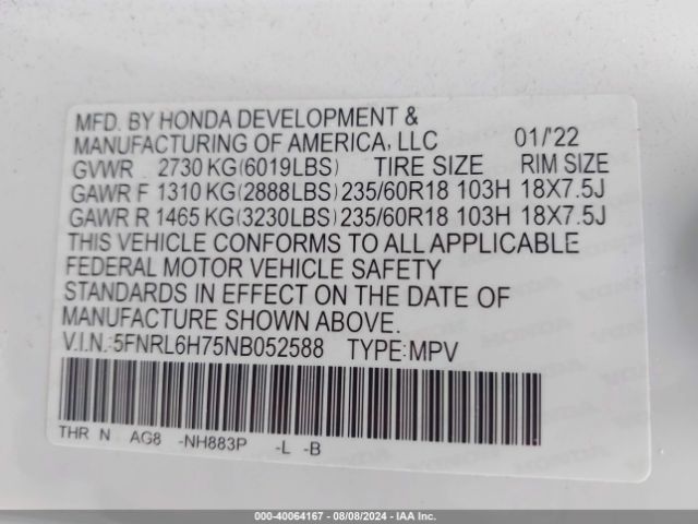 Photo 8 VIN: 5FNRL6H75NB052588 - HONDA ODYSSEY 