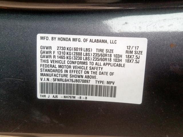 Photo 9 VIN: 5FNRL6H76JB070897 - HONDA ODYSSEY EX 