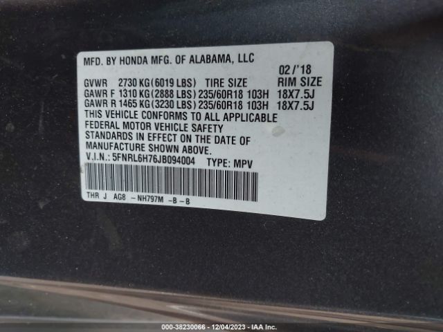 Photo 8 VIN: 5FNRL6H76JB094004 - HONDA ODYSSEY 