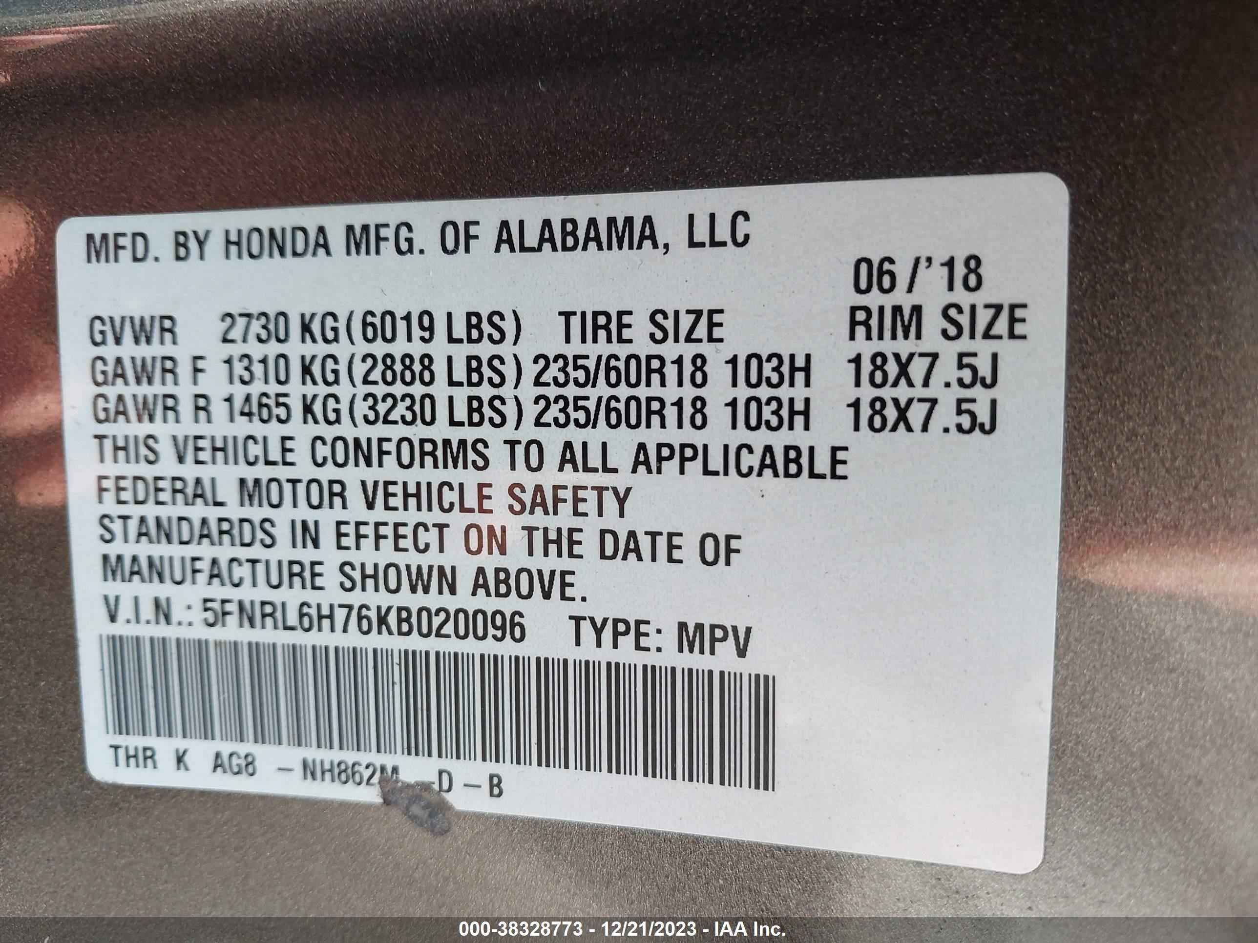 Photo 8 VIN: 5FNRL6H76KB020096 - HONDA ODYSSEY 